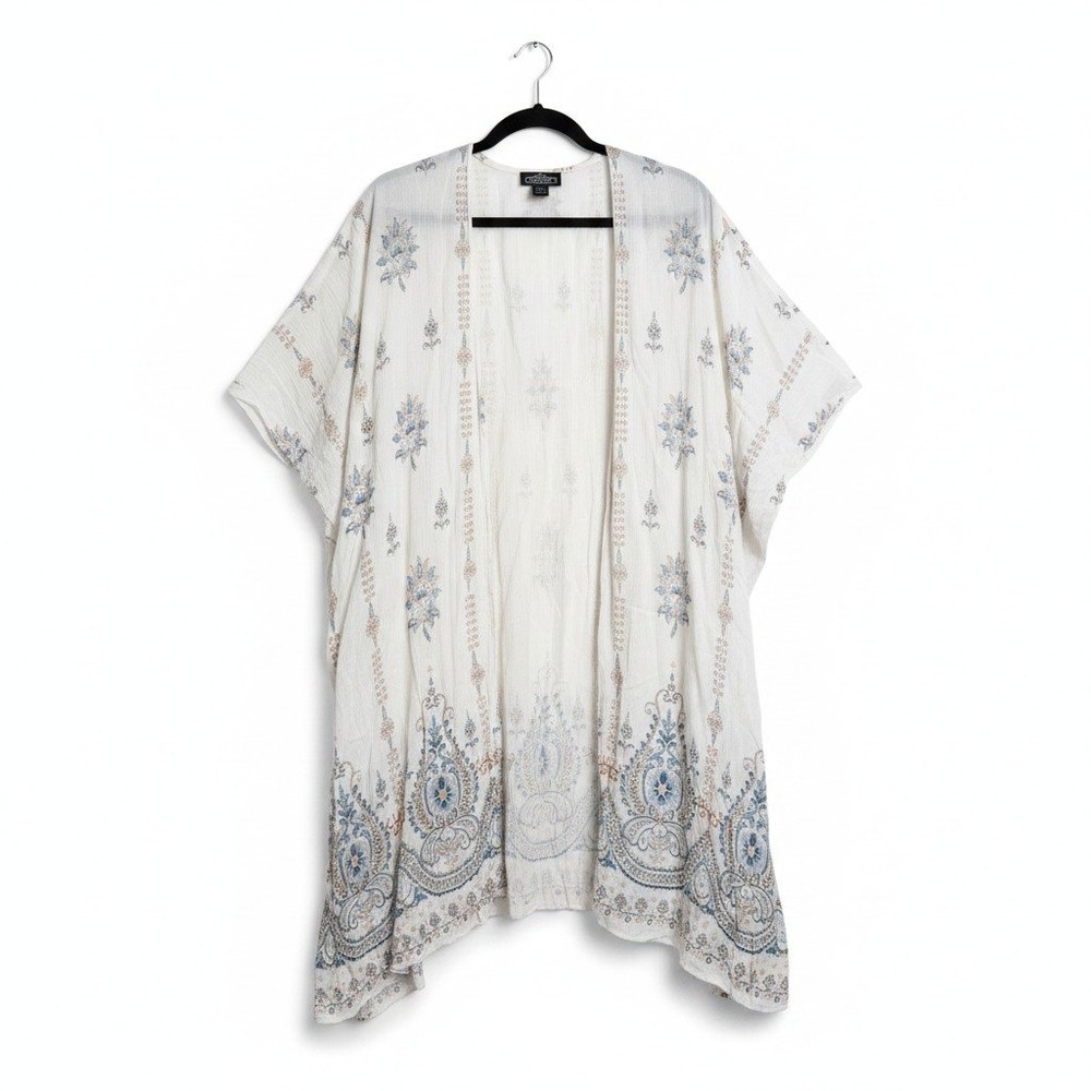 Angie Kimono Wrap M White‎ Floral Paisley Border Print Boho Coastal Bohemian